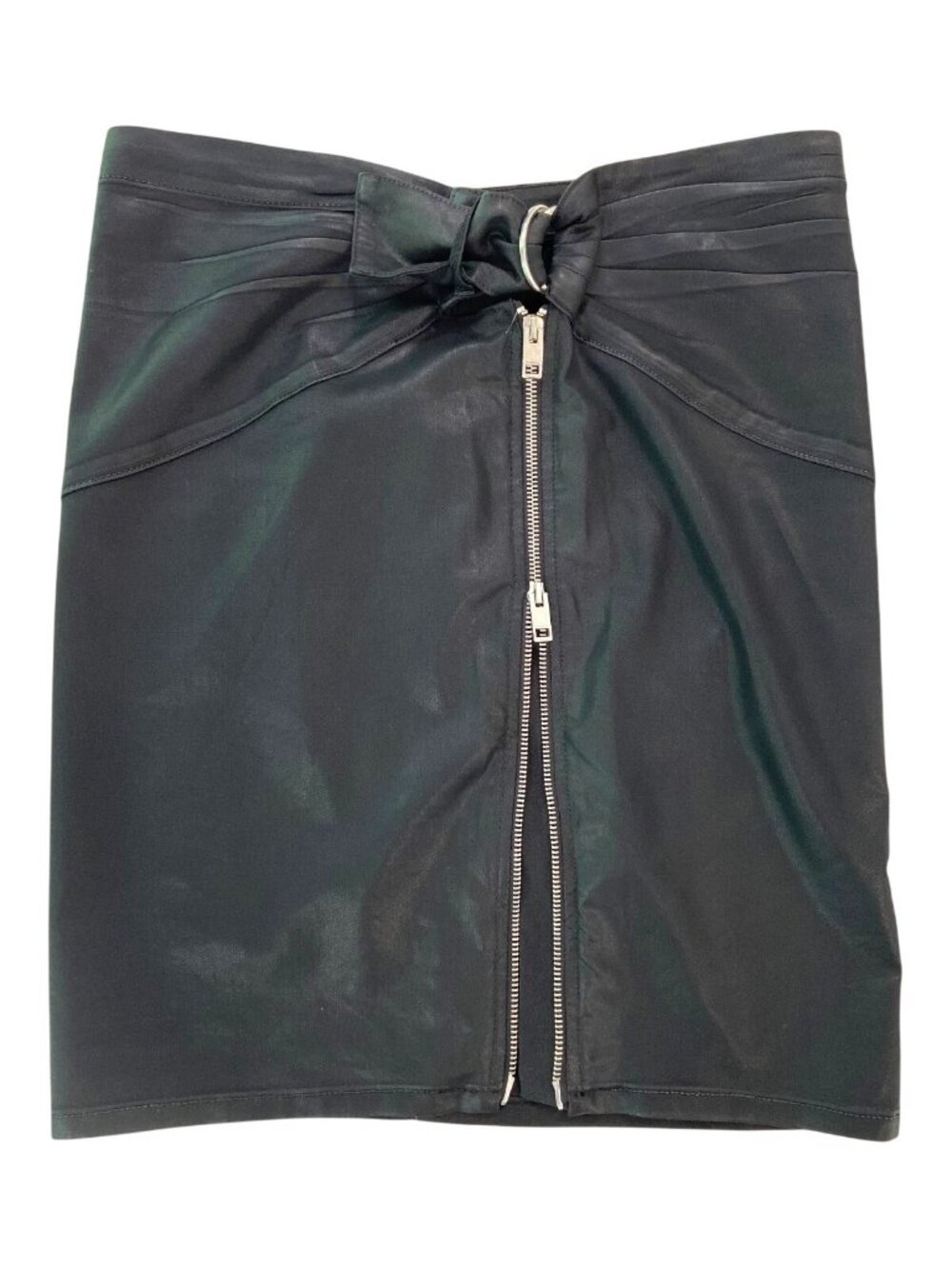 Diesel Coated Stretchy Leather-Look Black Mini Skirt With Front Zipper & Bow Det